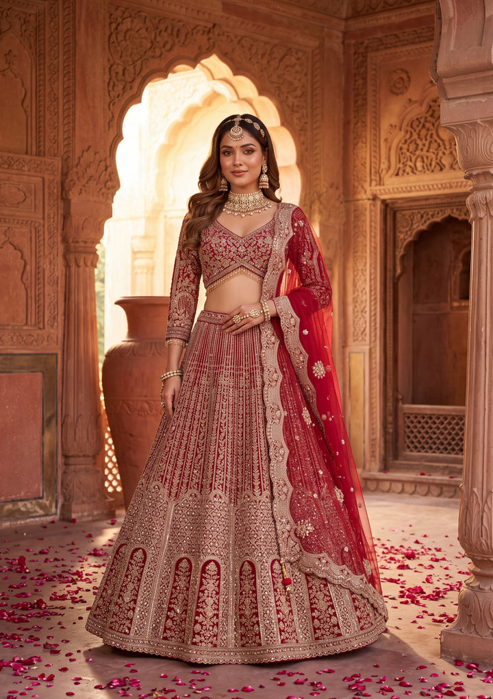 Gold Stonework Maroon Net Stitched Lehenga Blouse With Dupatta