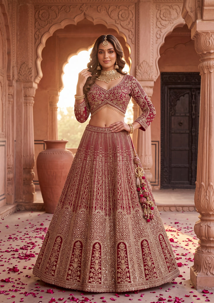 Gold Stonework Maroon Net Stitched Lehenga Blouse With Dupatta