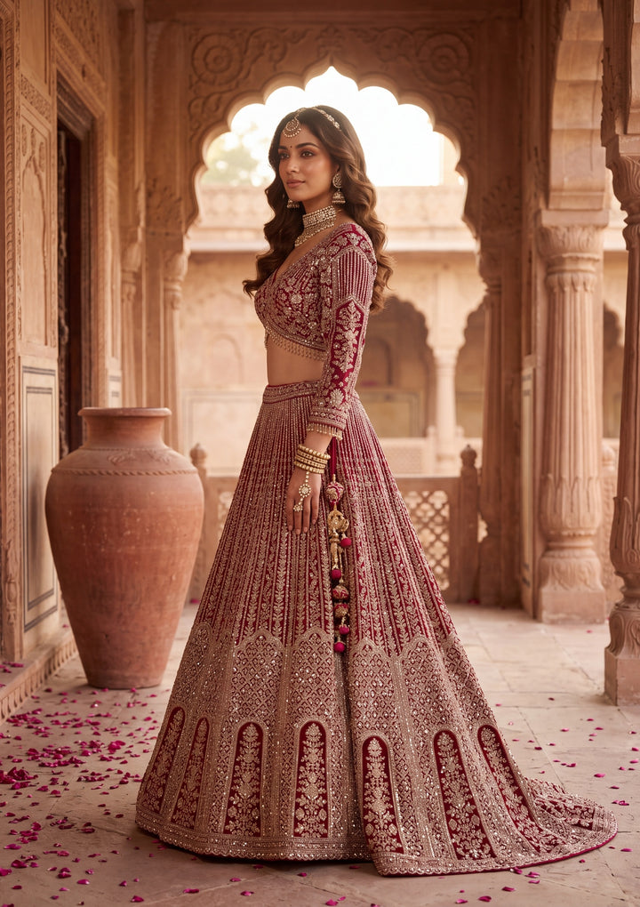 Gold Stonework Maroon Net Stitched Lehenga Blouse With Dupatta