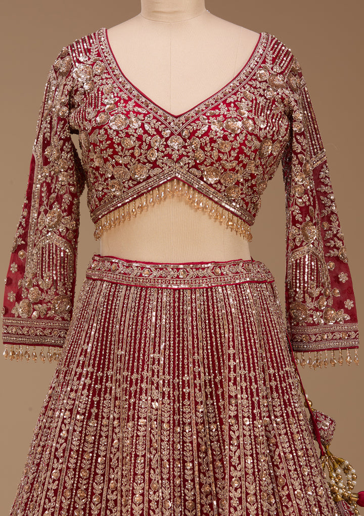 Gold Stonework Maroon Net Stitched Lehenga Blouse With Dupatta