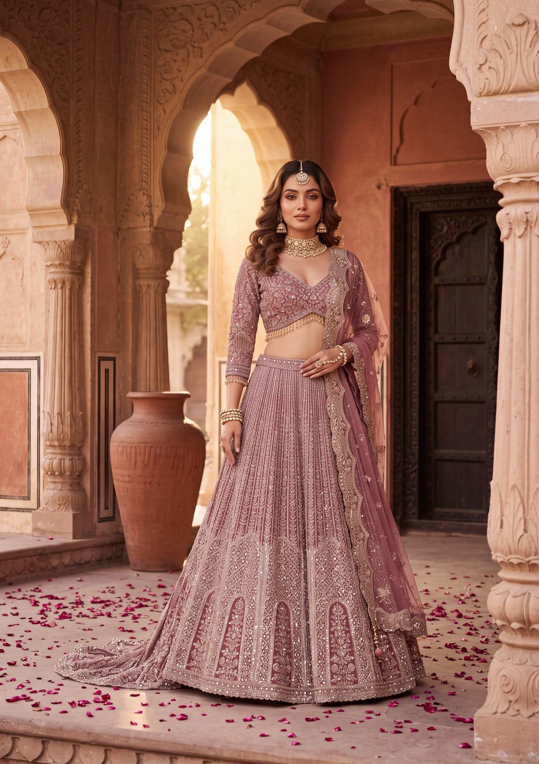 Gold Stonework Onion Pink Net Stitched Lehenga Blouse With Dupatta