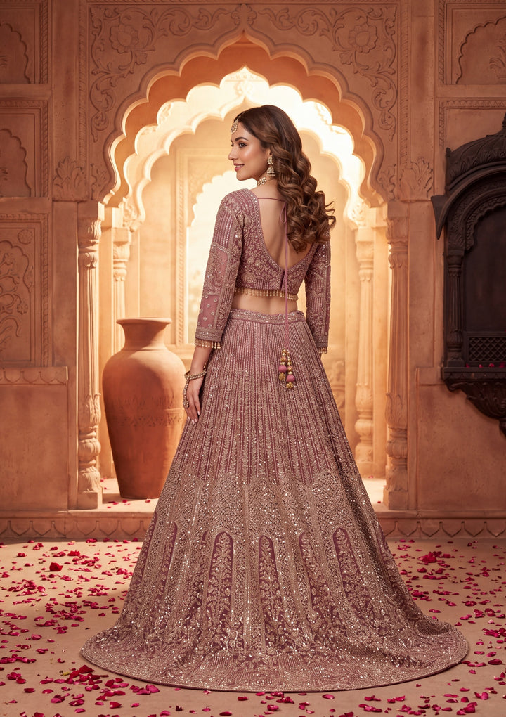 Gold Stonework Onion Pink Net Stitched Lehenga Blouse With Dupatta