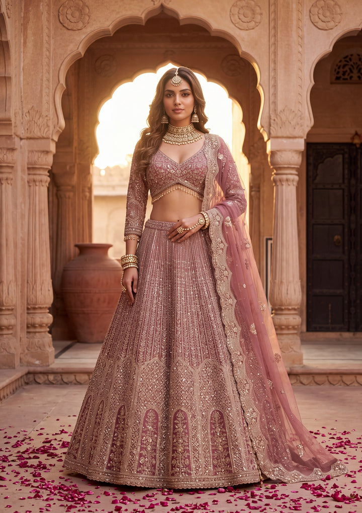Gold Stonework Onion Pink Net Stitched Lehenga Blouse With Dupatta