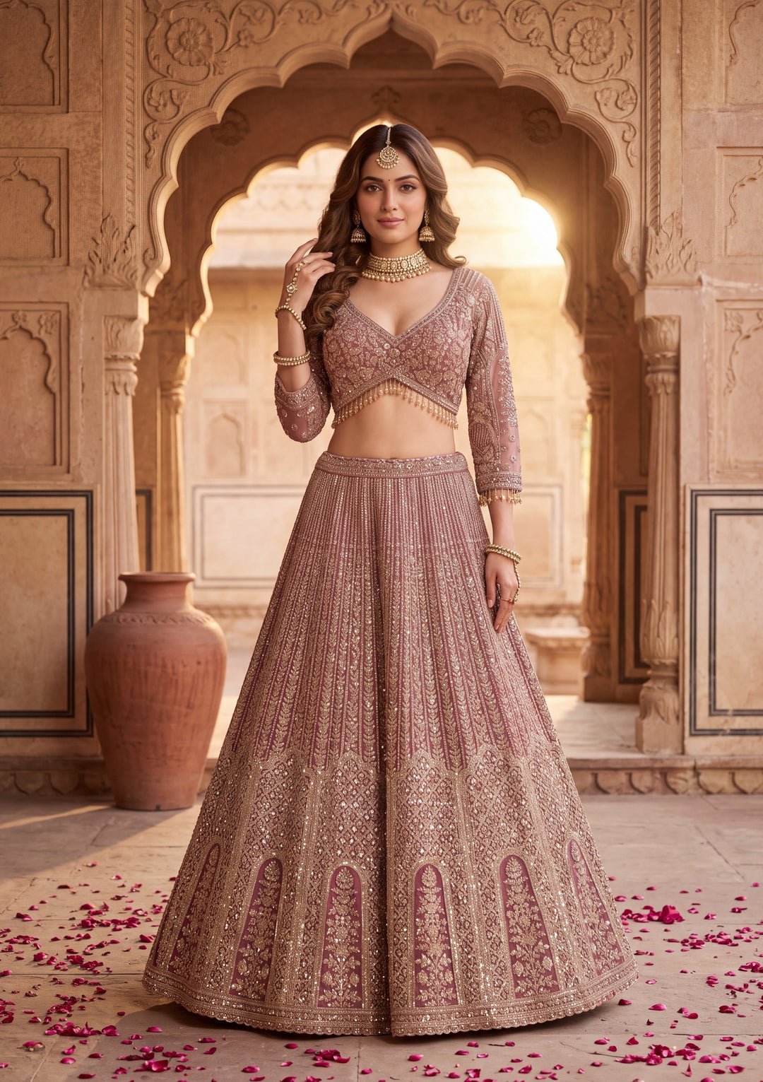 Gold Stonework Onion Pink Net Stitched Lehenga Blouse With Dupatta