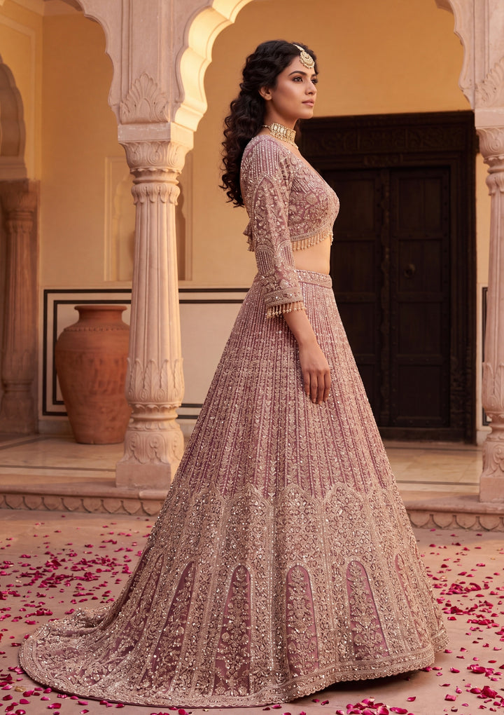 Gold Stonework Onion Pink Net Stitched Lehenga Blouse With Dupatta