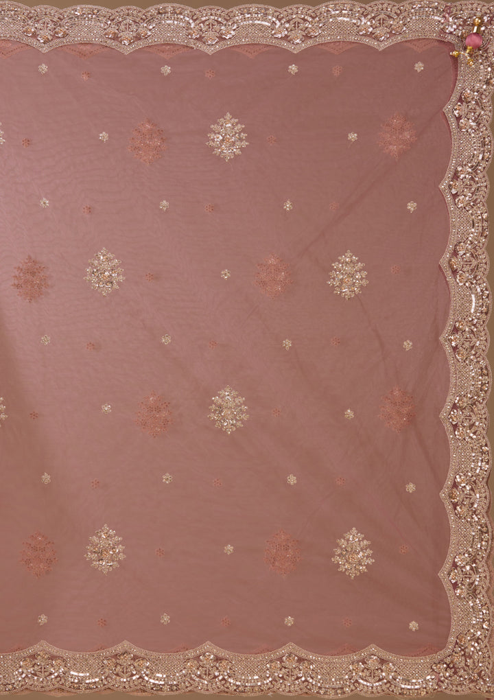 Gold Stonework Onion Pink Net Stitched Lehenga Blouse With Dupatta