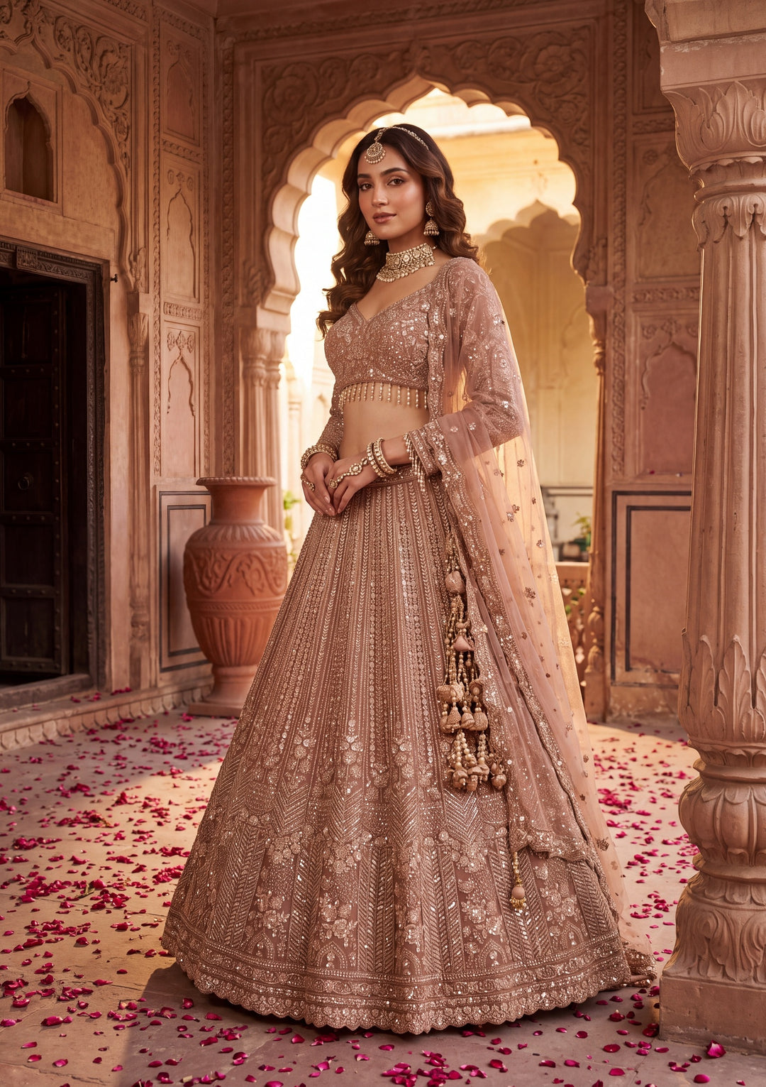 Cutdana Peach Net Stitched Lehenga Blouse With Dupatta