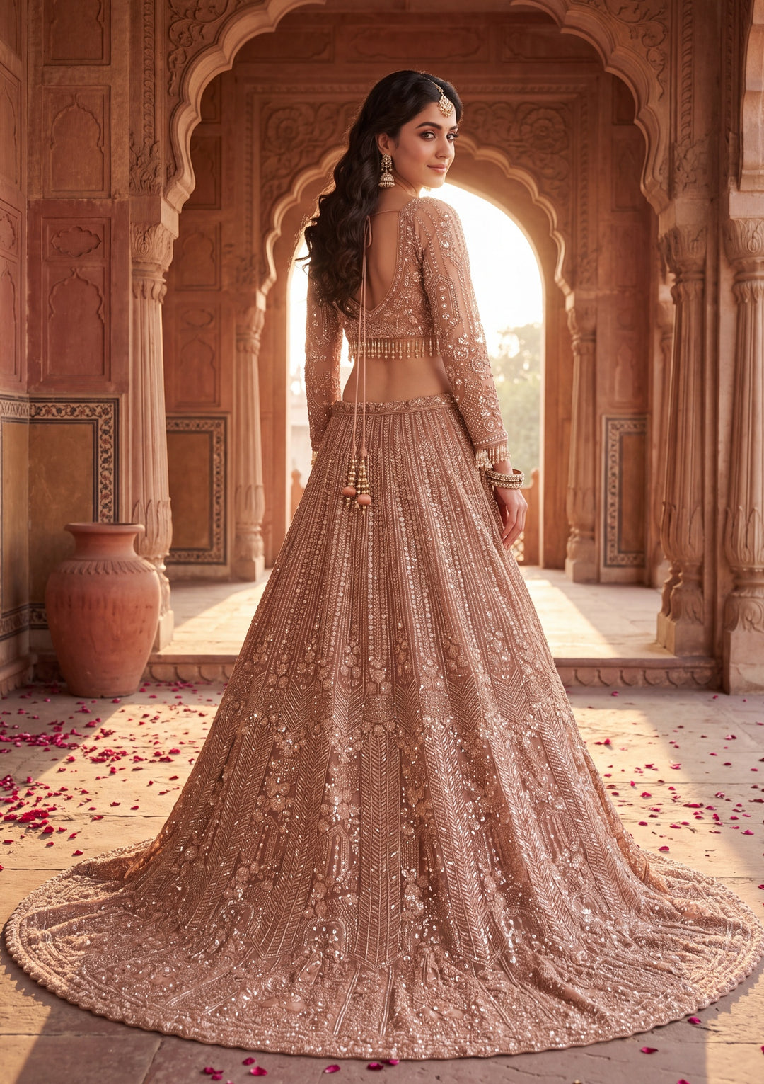 Cutdana Peach Net Stitched Lehenga Blouse With Dupatta