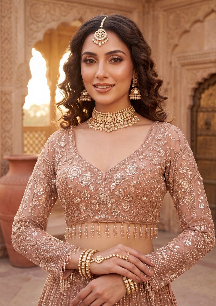 Cutdana Peach Net Stitched Lehenga Blouse With Dupatta