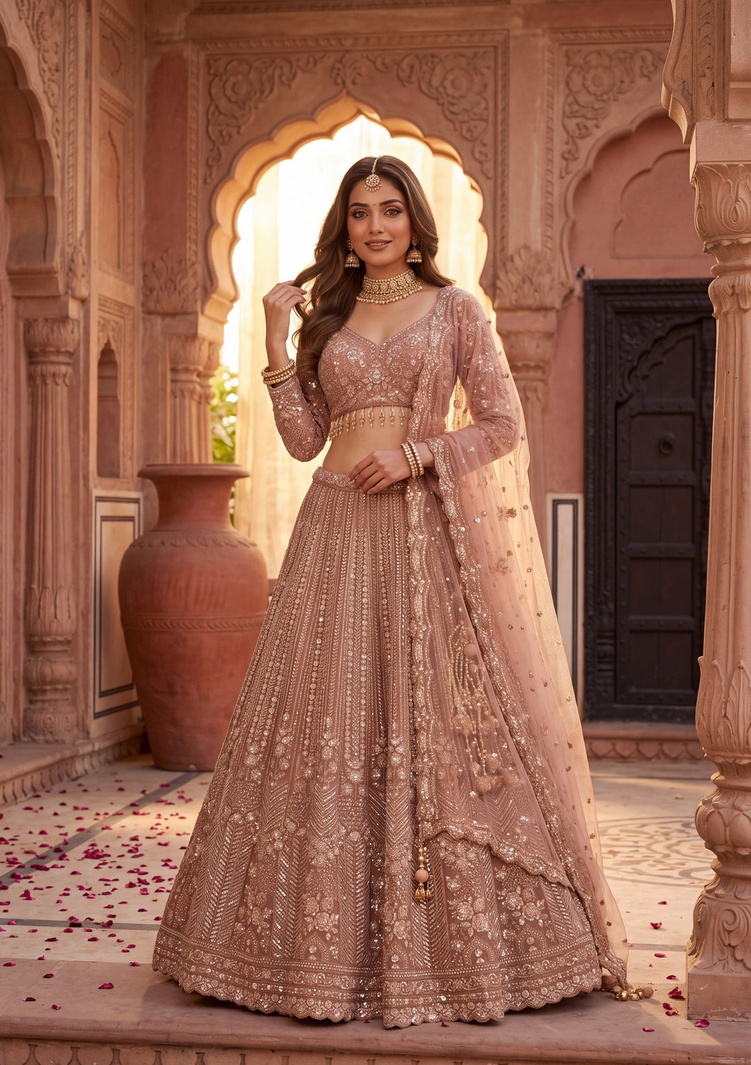 Cutdana Peach Net Stitched Lehenga Blouse With Dupatta