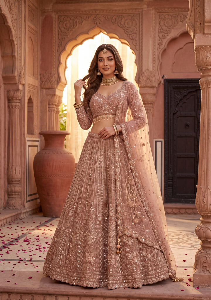 Cutdana Peach Net Stitched Lehenga Blouse With Dupatta
