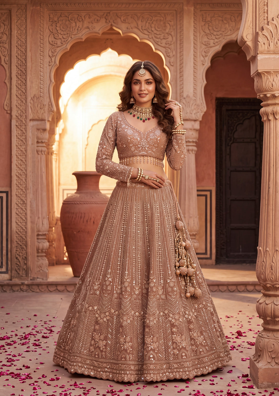 Cutdana Peach Net Stitched Lehenga Blouse With Dupatta