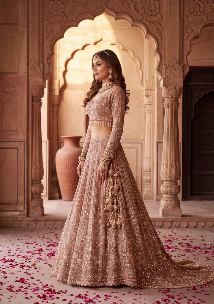 Cutdana Peach Net Stitched Lehenga Blouse With Dupatta