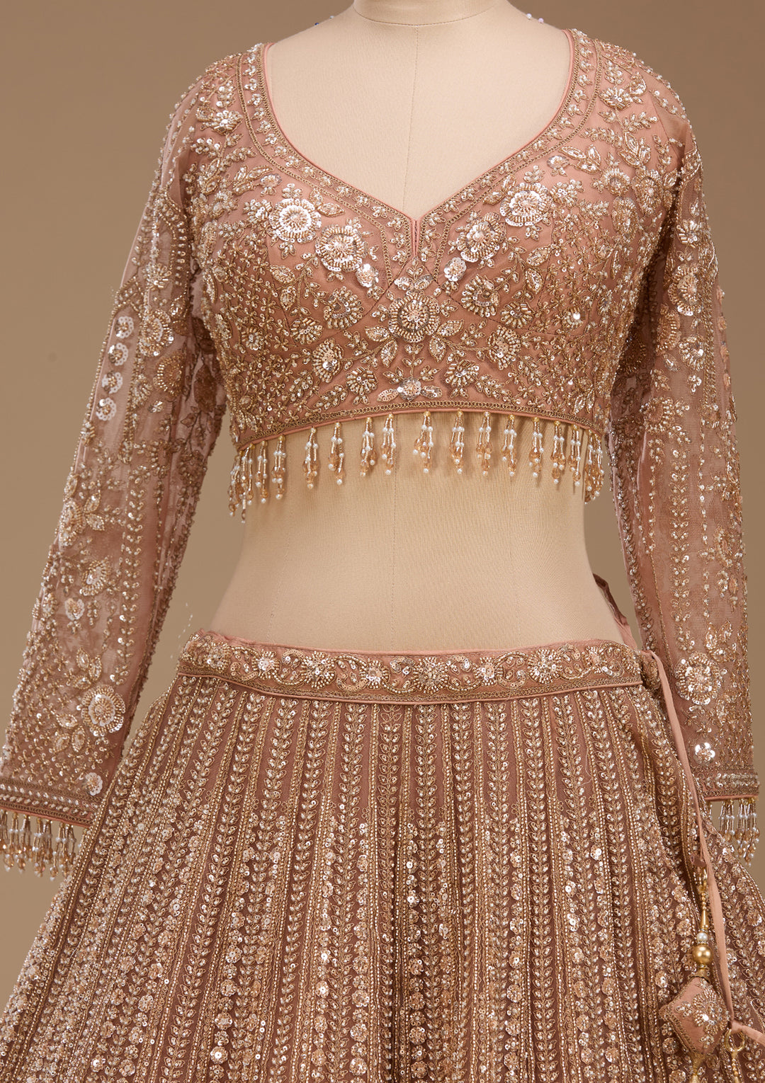 Cutdana Peach Net Stitched Lehenga Blouse With Dupatta