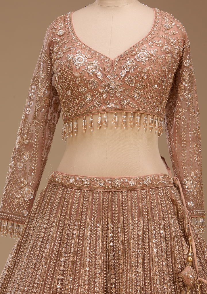 Cutdana Peach Net Stitched Lehenga Blouse With Dupatta