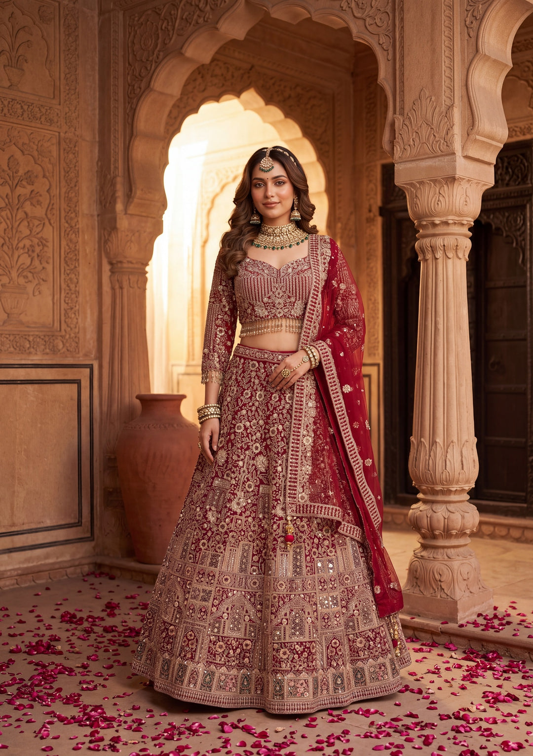 Cutdana Maroon Net Stitched Lehenga Blouse With Dupatta