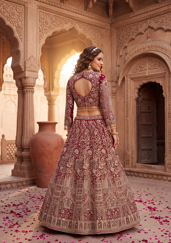 Cutdana Maroon Net Stitched Lehenga Blouse With Dupatta