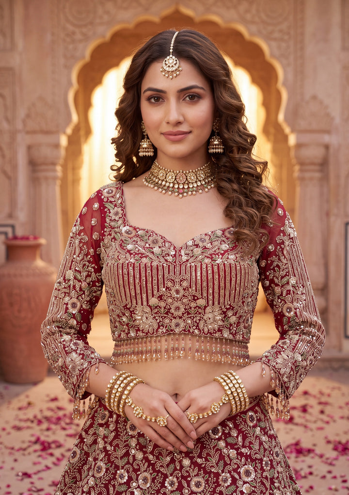 Cutdana Maroon Net Stitched Lehenga Blouse With Dupatta