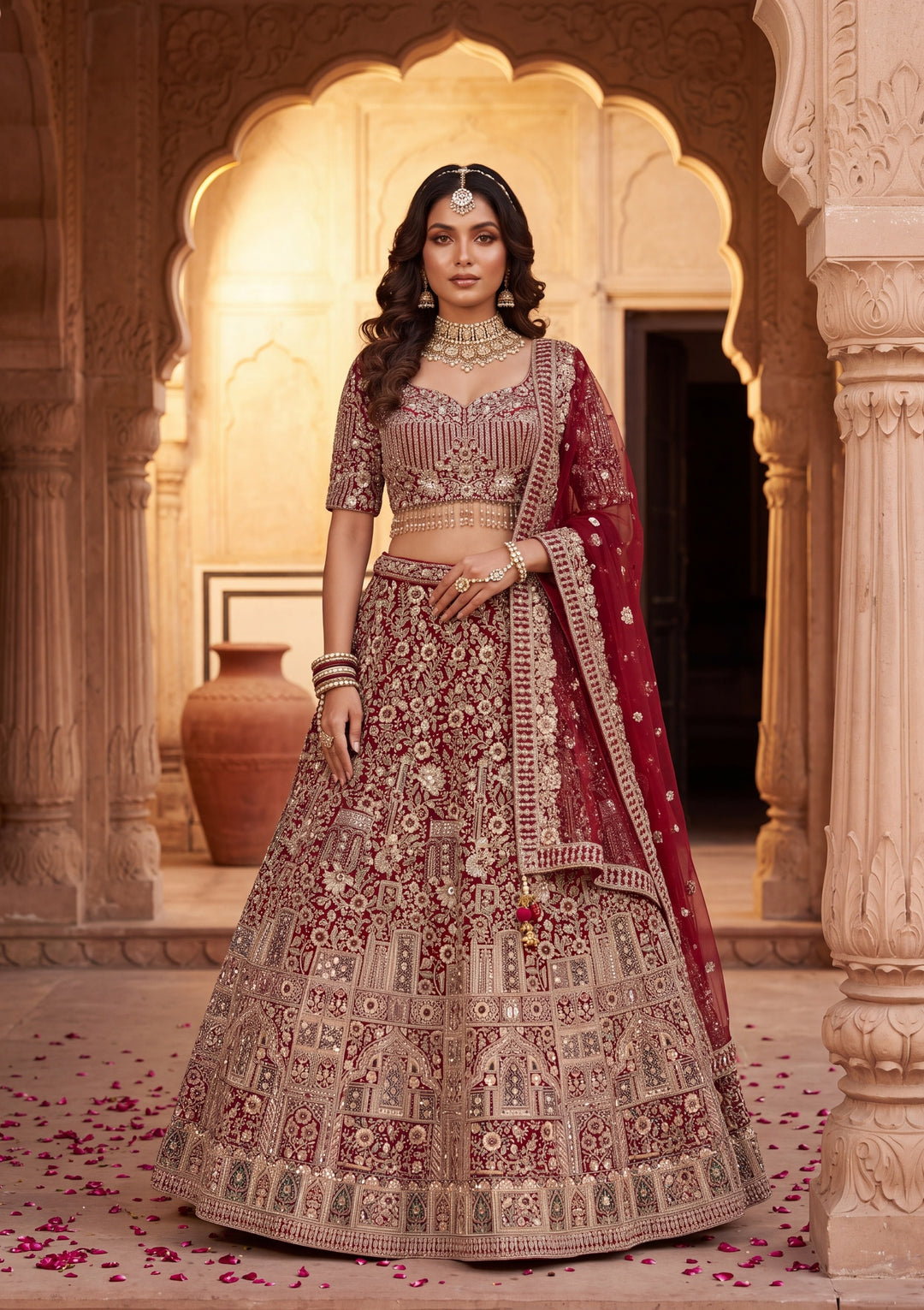 Cutdana Maroon Net Stitched Lehenga Blouse With Dupatta