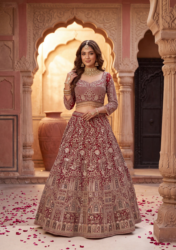 Cutdana Maroon Net Stitched Lehenga Blouse With Dupatta