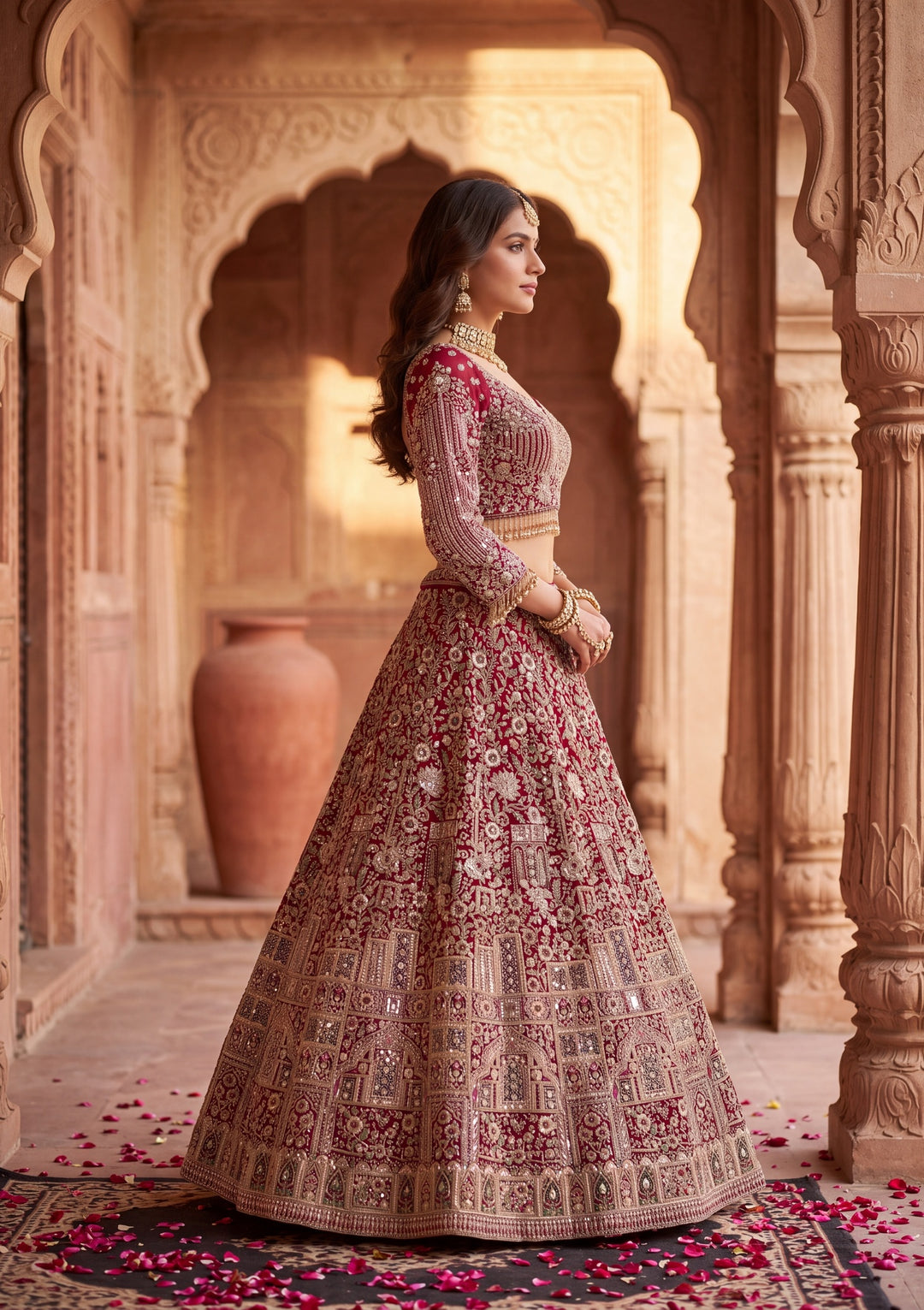 Cutdana Maroon Net Stitched Lehenga Blouse With Dupatta