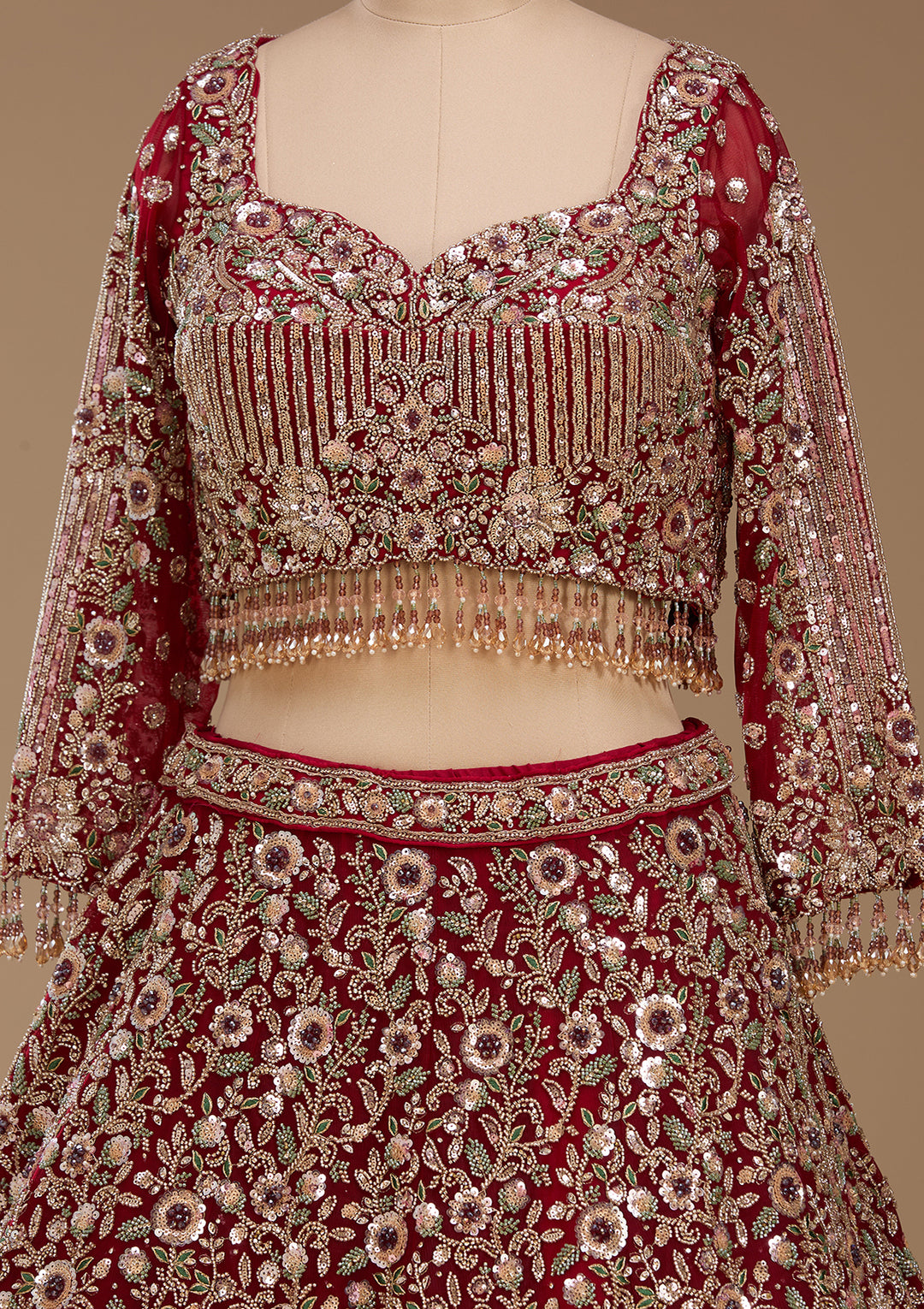 Cutdana Maroon Net Stitched Lehenga Blouse With Dupatta