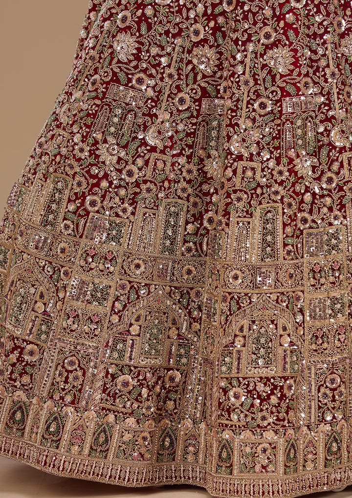 Cutdana Maroon Net Stitched Lehenga Blouse With Dupatta