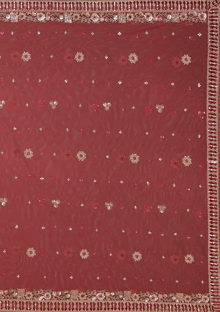 Cutdana Maroon Net Stitched Lehenga Blouse With Dupatta