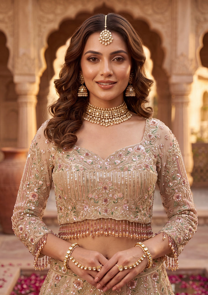 Cutdana Off White Net Stitched Lehenga Blouse With Dupatta