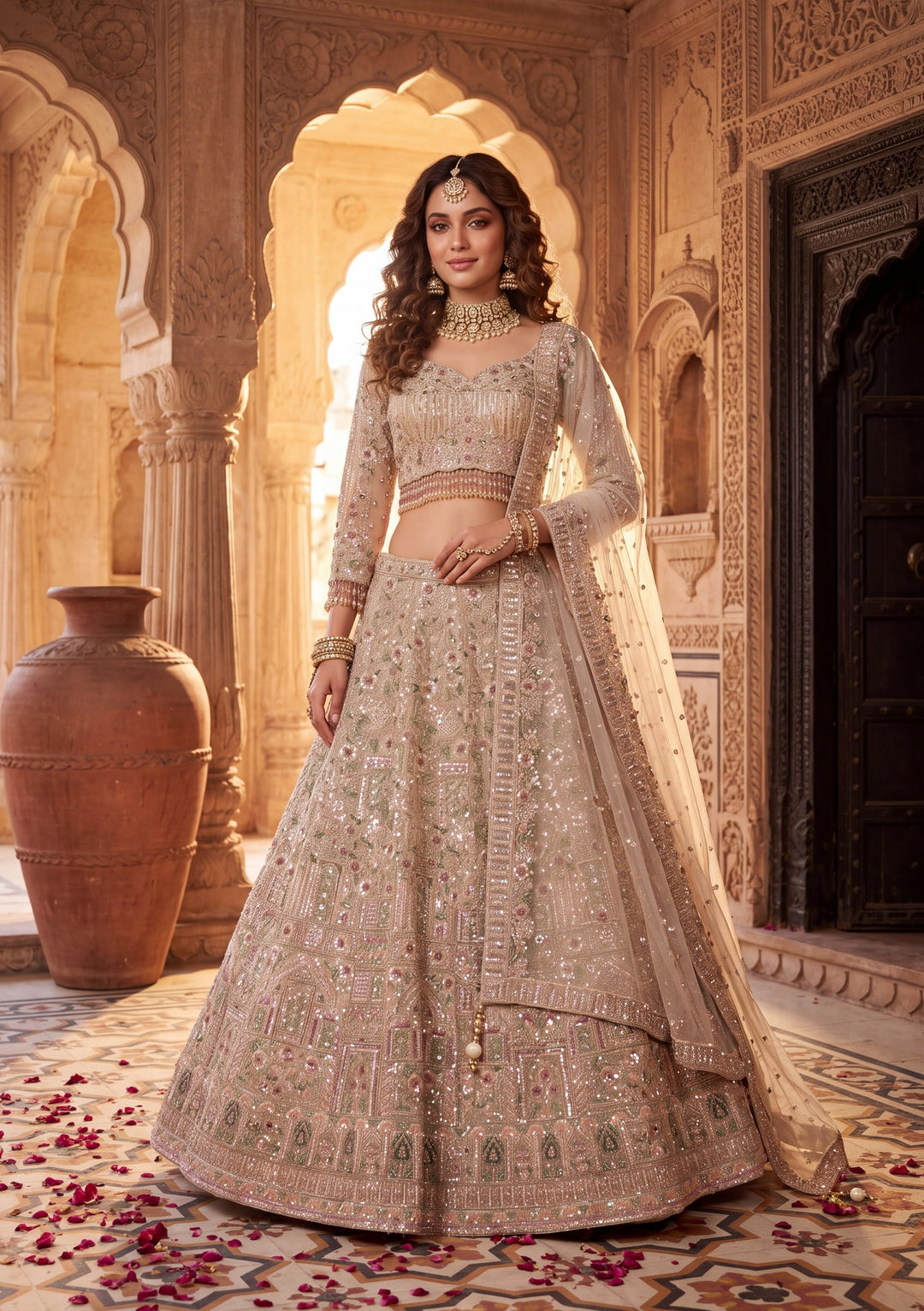 Cutdana Off White Net Stitched Lehenga Blouse With Dupatta