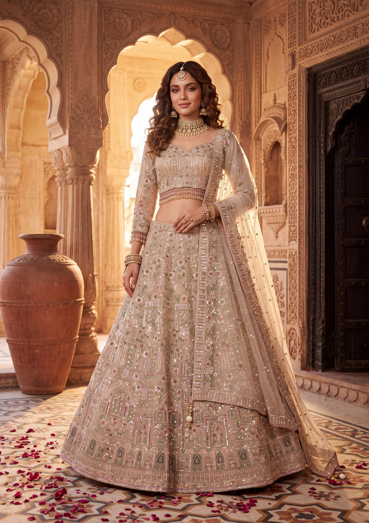 Cutdana Off White Net Stitched Lehenga Blouse With Dupatta