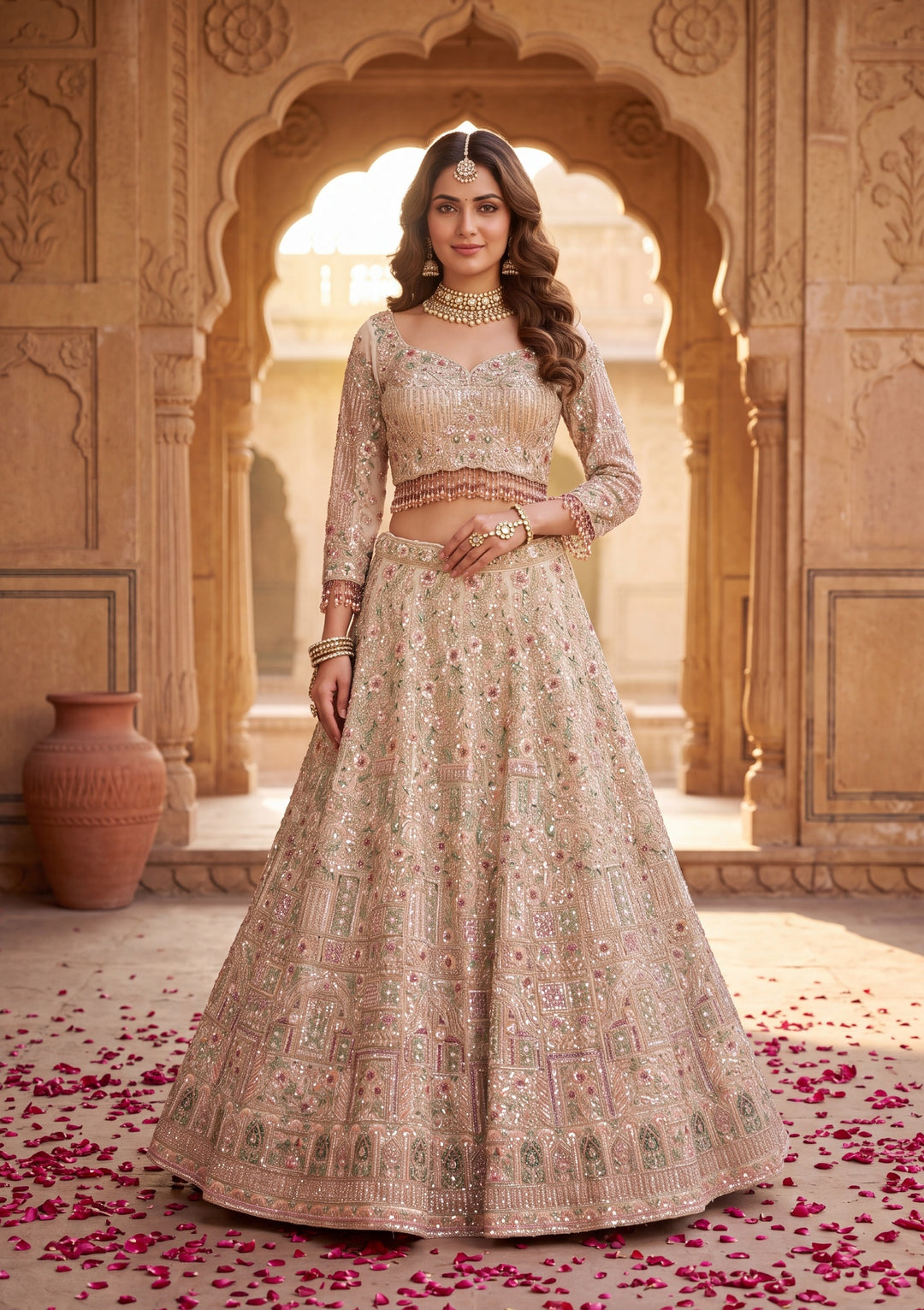 Cutdana Off White Net Stitched Lehenga Blouse With Dupatta