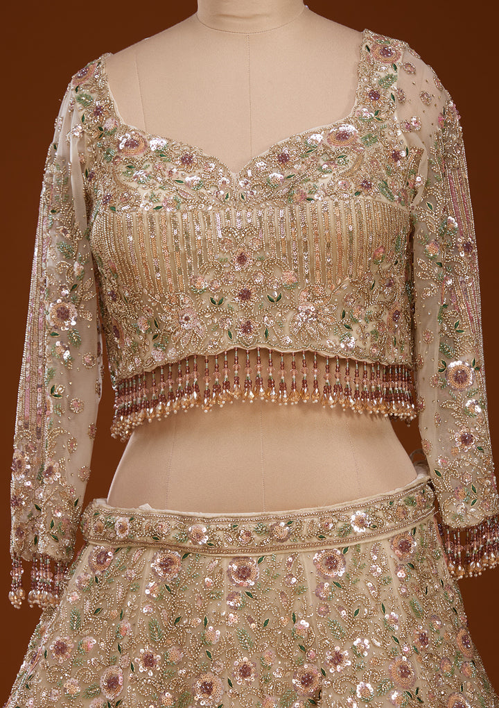 Cutdana Off White Net Stitched Lehenga Blouse With Dupatta
