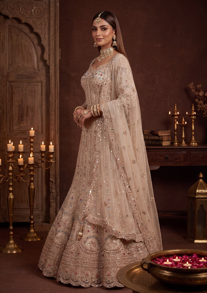 Gold Stonework Off White Net Stitched Lehenga Blouse With Dupatta