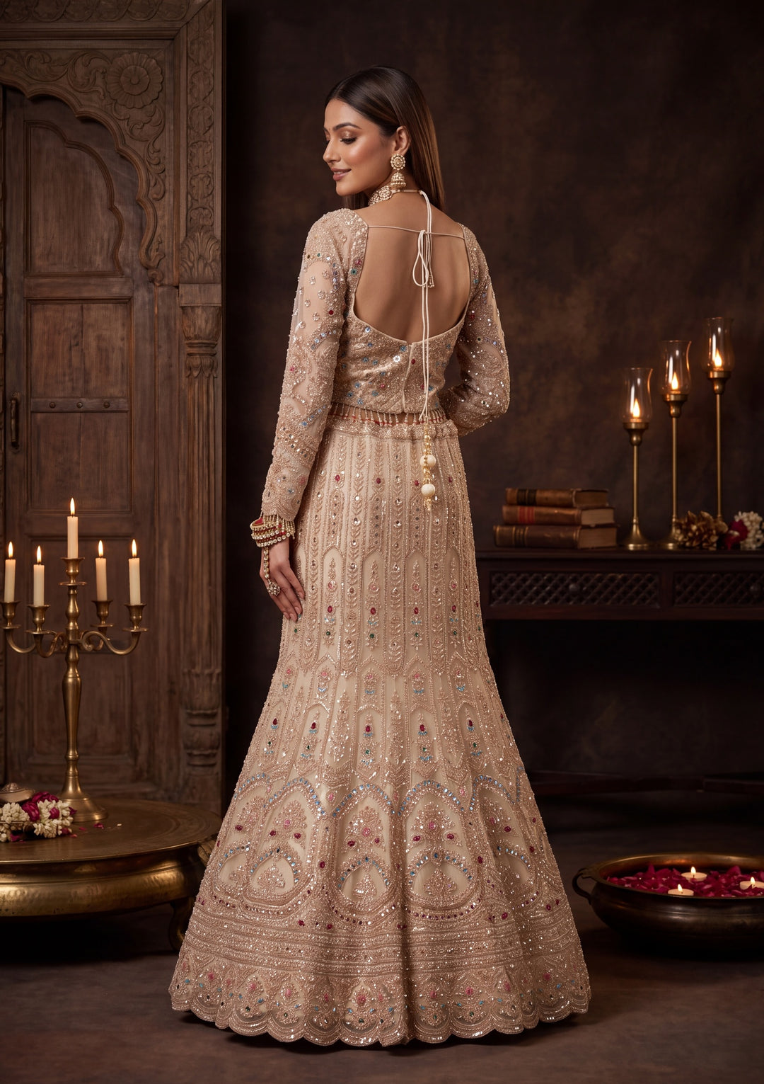 Gold Stonework Off White Net Stitched Lehenga Blouse With Dupatta