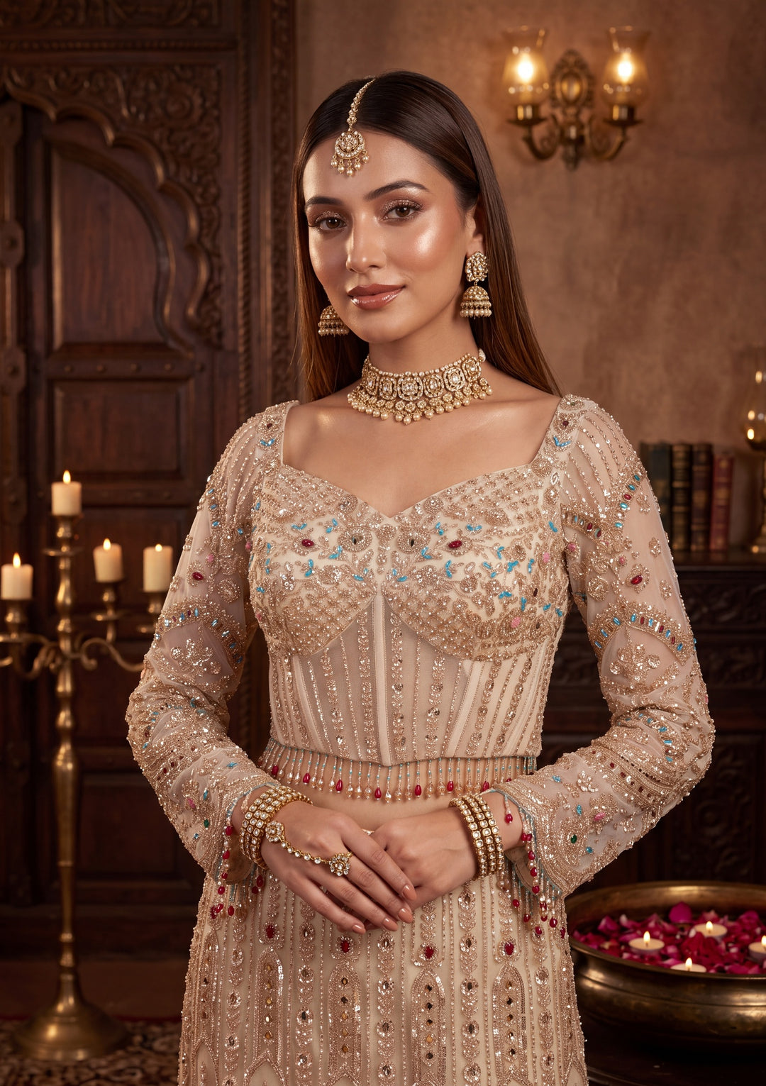 Gold Stonework Off White Net Stitched Lehenga Blouse With Dupatta