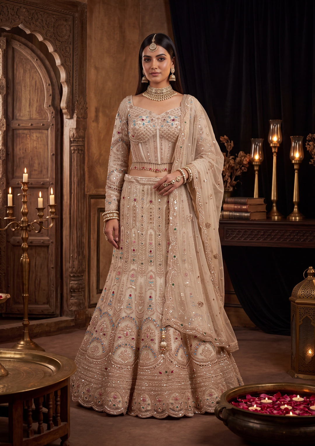 Gold Stonework Off White Net Stitched Lehenga Blouse With Dupatta