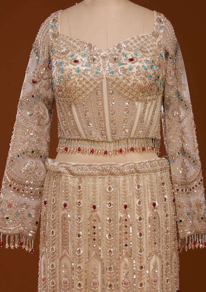 Gold Stonework Off White Net Stitched Lehenga Blouse With Dupatta