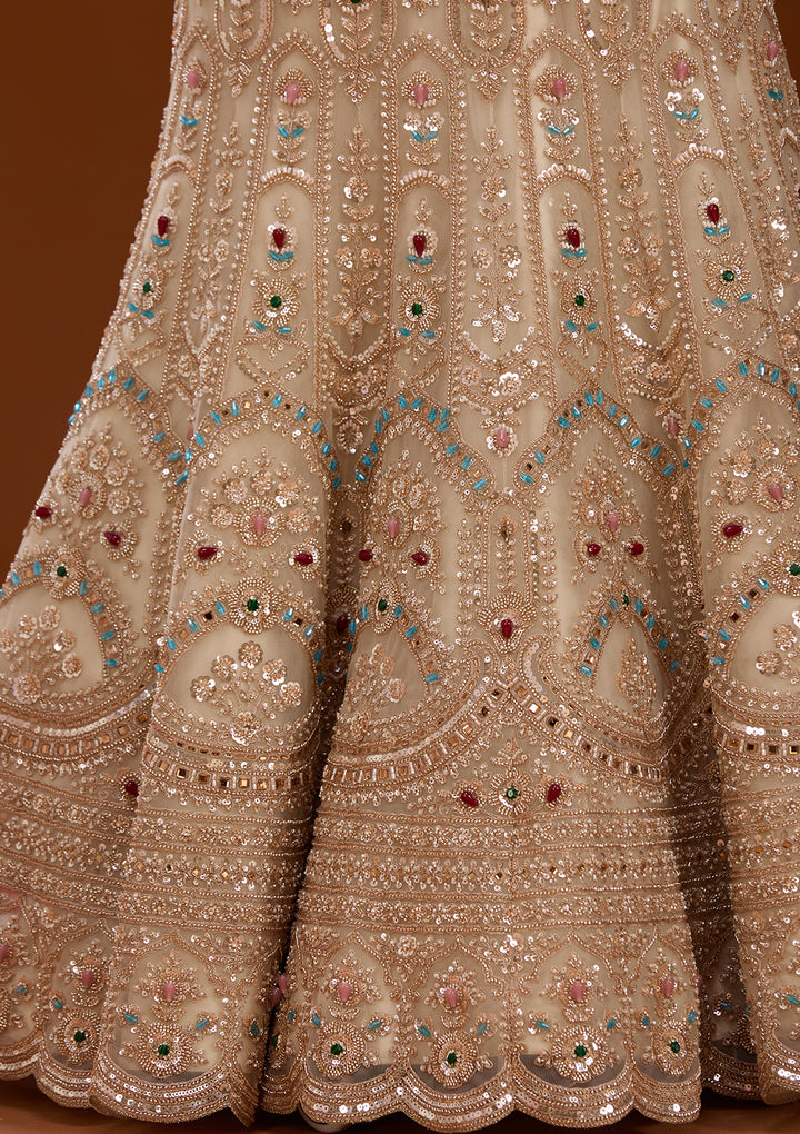 Gold Stonework Off White Net Stitched Lehenga Blouse With Dupatta