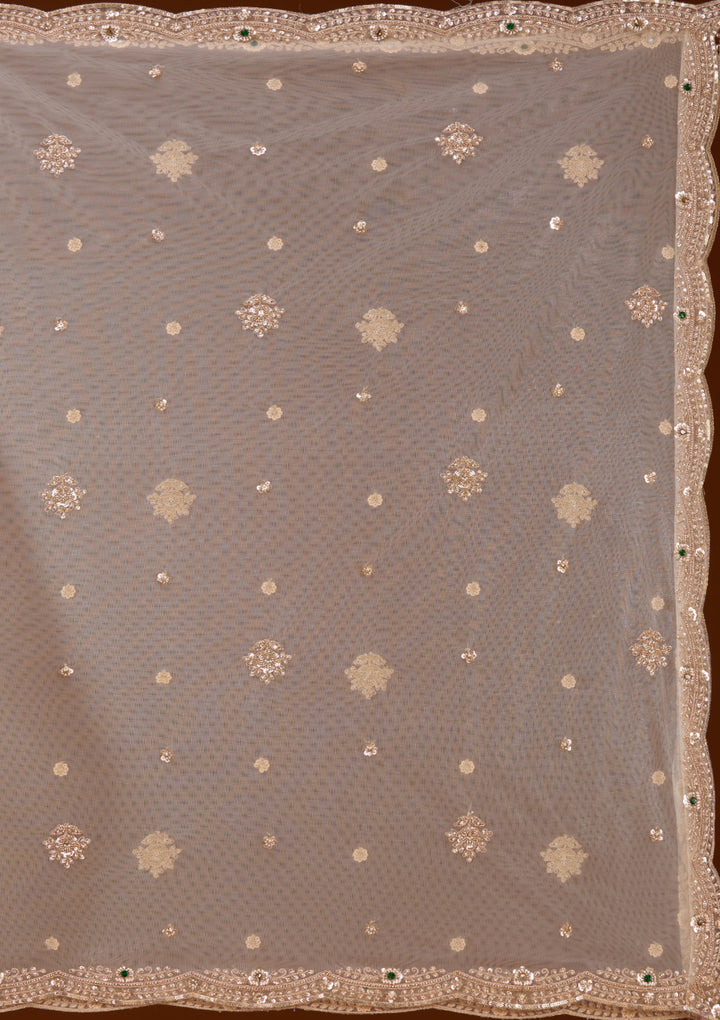 Gold Stonework Off White Net Stitched Lehenga Blouse With Dupatta