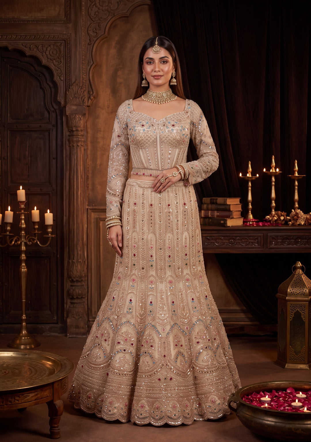 Gold Stonework Off White Net Stitched Lehenga Blouse With Dupatta