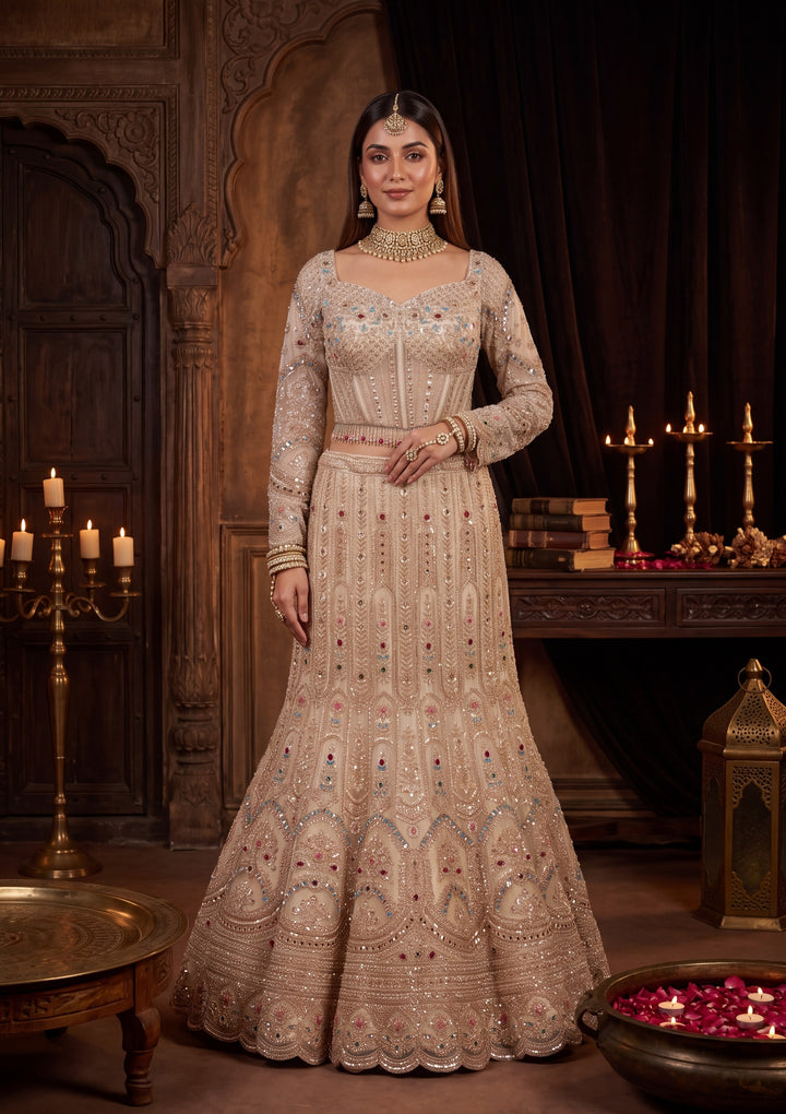 Gold Stonework Off White Net Stitched Lehenga Blouse With Dupatta