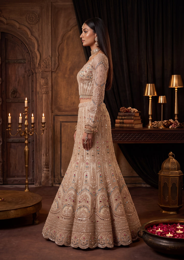 Gold Stonework Off White Net Stitched Lehenga Blouse With Dupatta