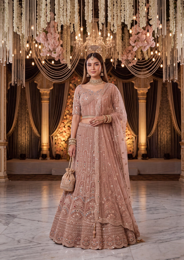 Gold Stonework Peach Net Stitched Lehenga Blouse With Dupatta