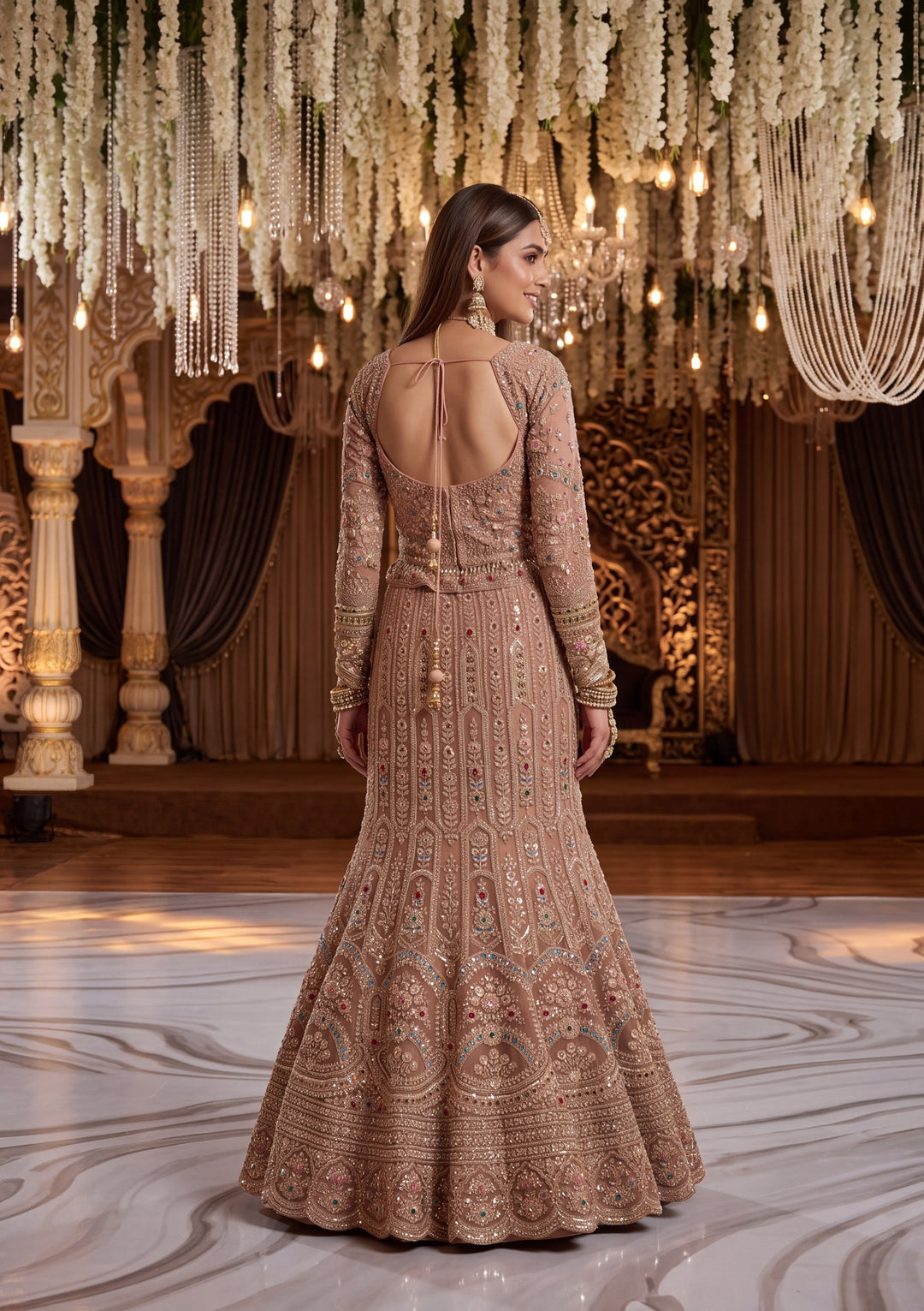 Gold Stonework Peach Net Stitched Lehenga Blouse With Dupatta