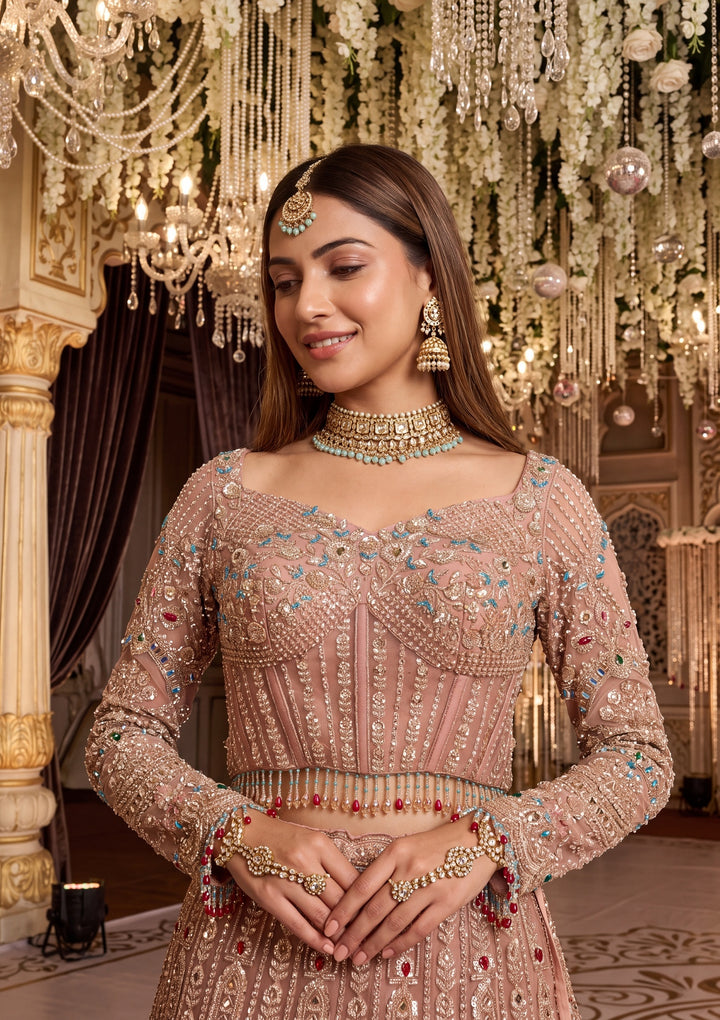 Gold Stonework Peach Net Stitched Lehenga Blouse With Dupatta