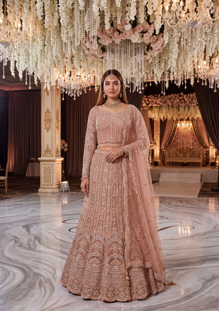 Gold Stonework Peach Net Stitched Lehenga Blouse With Dupatta