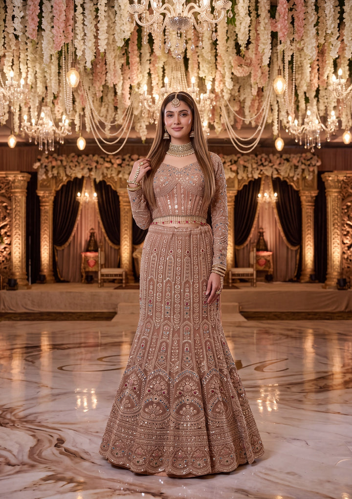 Gold Stonework Peach Net Stitched Lehenga Blouse With Dupatta