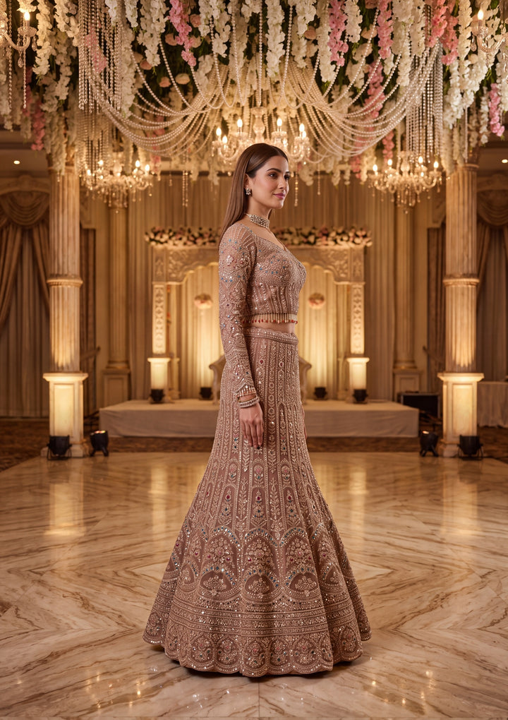 Gold Stonework Peach Net Stitched Lehenga Blouse With Dupatta
