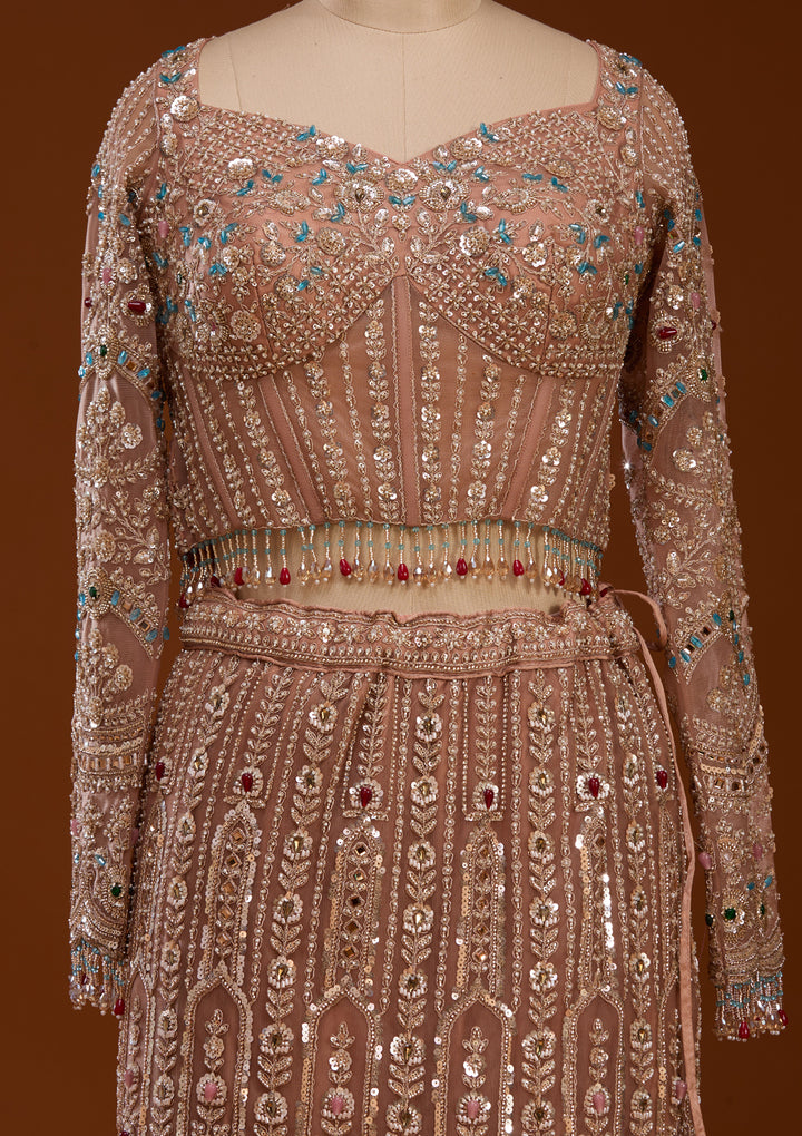Gold Stonework Peach Net Stitched Lehenga Blouse With Dupatta